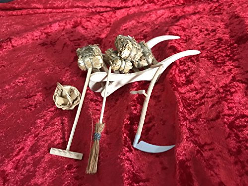 Krippen Zubehör, Leiterkarren, Naturholz, 13x5x4,5 cm mit Strohballen, Besen, Sense, Rechen, Korb mit Holz