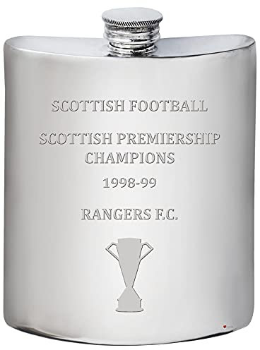 I LUV LTD 6oz Hip Flask for Glasgow Rangers 1998-99 Scottish Premiership Champions Football Memorabilia Mens Birthday Personalised Gifts Pewter Whisky Accessories