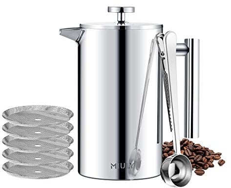 MaxMiuly French Press 1L/8 Cup Cafetiere Stainless Steel Coffee Press Double Wall Sliver Coffee Maker Insulated Coffee Pot with 8 Additional Coffee Set