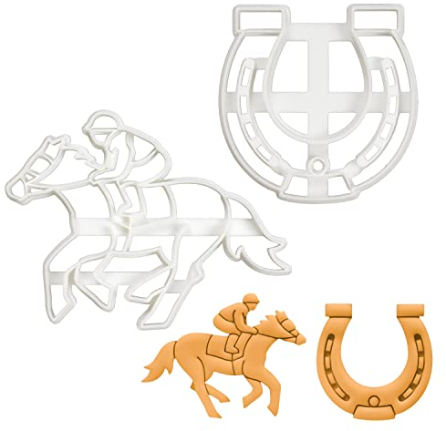 BAKERLOGY Set of 2 Jockey Cookie Cutters (Designs: Jockey and Horse Shoe) - Detailed Biscuit Cutter Design for Baking and Crafts, Ideal on Fondant, Dough, Clay