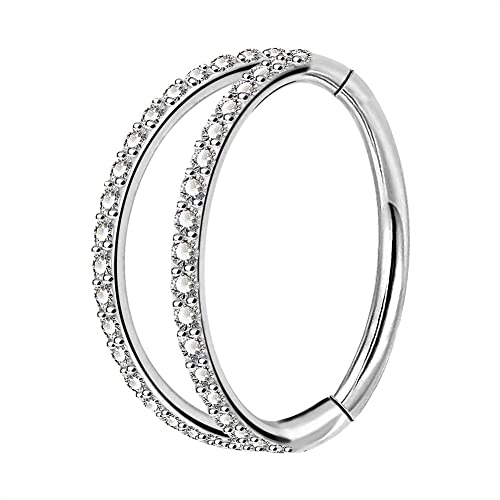 OUFER Body Piercing Helix Earrings Hoop Double Line Clear CZ Paved Septum Ring Cartilage Earrings 16G 316L Stainless Steel Daith Earring Helix Piercing Jewellery 8mm