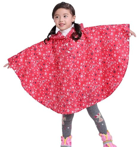 Gaga city Kinder Regenmantel Mädchen Junge mit Kapuze Süß Muster Regenponcho Wasserdicht Atmungsaktiv Regencape Regenbekleidung für Sommerregen Frühling und Herbst Rote Sterne/L