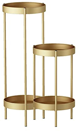 ZXCVB Piedistallo per Piante,Portavasi da Giardino,Espositore per Piante in Metallo, 2 Livelli Scaffale per Vasi,per Fiori Giardino Patio Casa Esterno,Gold-E(A+B)