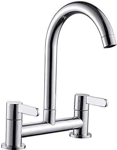 Kitchen Sink Mixer Taps, 2 Hole Kitchen Faucet, 360° Swivel Spout Dual Lever Sink Mixer Tap, Deck Mounted Kitchen Taps, Cold and Hot Mixer Tap, Sink Tap 1/4 Turn with UK Standard Fittings (Chrome)