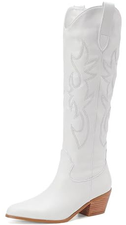 CIERWS Bestickte Western-Cowboystiefel für Damen, Cowgirl-Stiefel, kniehoch, mittelhoher Absatz, breiter Absatz, klassische Retro-Stiefel