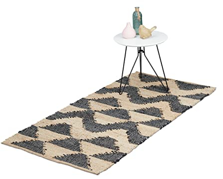 Relaxdays Läufer, Zick-Zack Muster, 70 x 140 cm, Baumwolle und Jute, rutschhemmend, handgewebt, Teppich, schwarz/beige