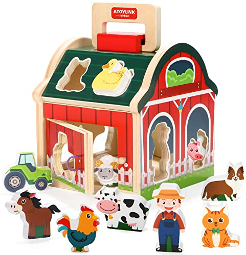 Atoylink Maison Trieuse de Formes Les Animaux de La Ferme Couleurs Vives Cube De Tri De Formes Jouets d'éveil Jouets de Développement en Bois pour Enfants Jouets en Bois pour Garçons Filles 1 2 3 Ans