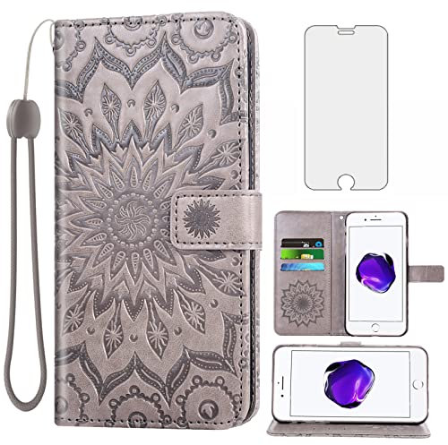 Phone Case for iPhone 7plus 8plus 7/8 Plus Wallet Cases with Tempered Glass Screen Protector Leather Flip Cover Card Holder Stand Cell Accessories i Phone7s 7s + 7+ 8s 8+ Phones8 Women Men Gray