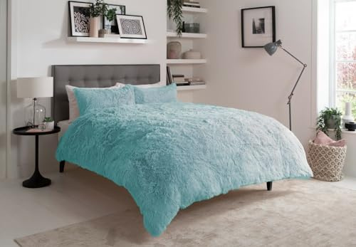 NIGHTZONE Luxury Teddy Bear Fleece Long Fur Cuddles Alaska Duvet Cover Set Warm Cosy Soft Teddy Bedding Set (Alaska Duck Egg, Super King)