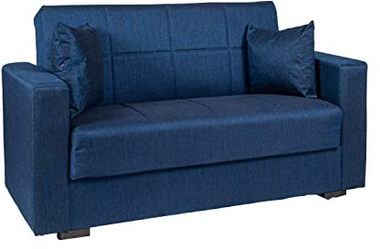 Arredo Stock Divano letto in tessuto blu con cassettone contenitore e cuscini (2 posti)