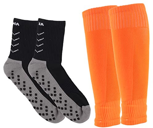 Awilnax Football Sleeve Socks Set, White Black Non Slip Sports Grip Socks and Football Leg Sleeve for Team Sports Basketball Running Rugby Hockey Hiking Outdoor (Orange/Black)