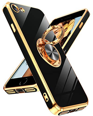 LeYi for iPhone SE 2022/2020/7/8 Case, Heavy Duty Protection Cover with Built-in Ring Holder, Shiny Plating Gold Edge Silicone Luxury Case, Black