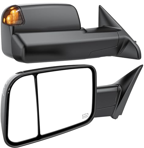 Smoked Power Heated Tow Mirrors Compatible with 2009-2018 Dodge Ram 1500, 2010-2018 2500 3500, 2019-2024 Ram 1500 Classic Flip Up Extended Trailer Towing Side Mirrors with Puddle Light, Black Housing