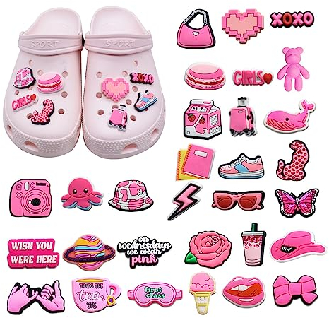 30 Stück Blumen-Krokodil-Anhänger,Girly Rosa Schuhe Dekorationen,personalisierte DIY Zubehör,niedliche Themen-Schuhschnallen,PVC gedruckte Schuhblumen,Crocs-Party-Dekorationen