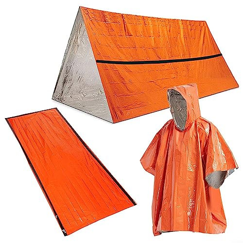 3-in-1 Outdoor-Notfall-Überlebens-Sets, wärmereflektierend, Thermo-Regenmantel, Schlafsack, Zelt-Set für Outdoor-Camping – Orange