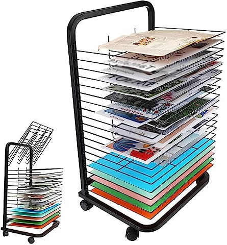Raschiera per asciugatura artistica mobile per aule, schieramenti di archiviazione per opere d'arte in metallo, portabicchieri del design con rivestimento con ruote di pittura di mestieri,25layers