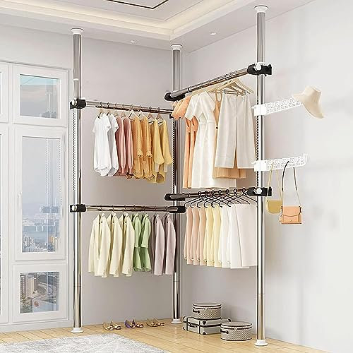 Yesbon Garde-Robe Téléscopique Porte-Vêtements, Télescope Garde-Robe Système, Penderie Télescopique Porte-vêtements avec Tubes en Acier Durable, Largeur et Hauteur Ajustable,Argent,3 Poles 4 Crossbar