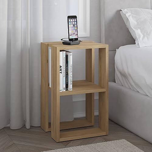 HOCUS PICUS Modern Nightstand Bedside Table | Stylish Multi-Functional Side Table for Bedroom, Living Room, Office | 2-Tier Lamp Holder & Coffee Table | Easy to Assemble | 30 x 34 x 55 cm (Oak)