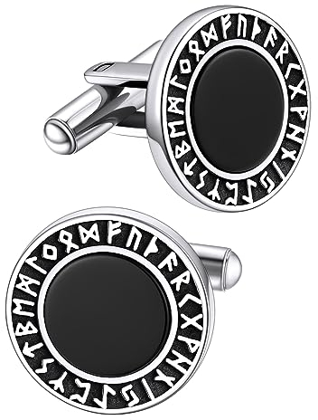 FaithHeart Edelstahl Manschettenknöpfe für Herren, Wikinger Rune Manschetten Knöpfer mit Hochwertigem synthetischem Onyx, Bestes Geschenk für Bräutigam Freuden Ehemann Papa