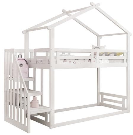 SOFTWEARY Etagenbett, 90x200 cm, Kinderbett mit 2 Schlafgelegenheiten, Lattenrost, Treppe und Rausfallschutz, Hausbett aus Kiefer