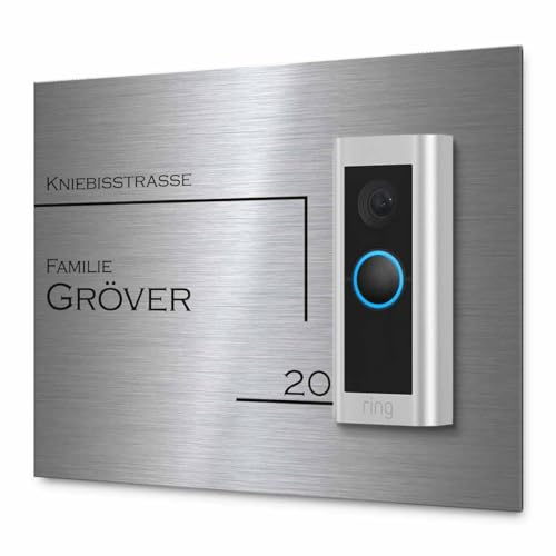 Modernes Klingelschild für Funkklingel Ring Video Doorbell Pro 2 - personalisiertes Türschild aus Edelstahl mit Gravur | kompatibel mit Ring Klingel - hochwertiges Funkklingel Zubehör