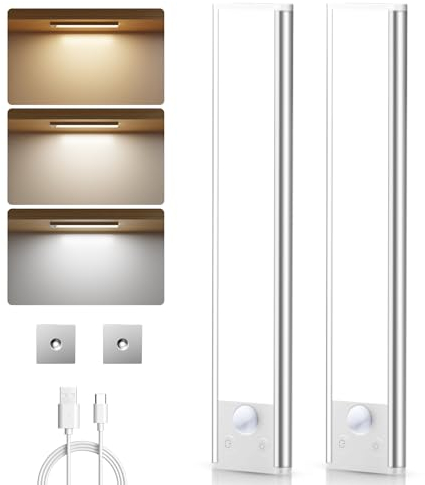 SUWIN Luces Led Cocina con Sensor de Movimiento, Regulable Tira Led Cocina con 3 Color Modos, USB Recargable Luz Armario para Cocina, Armario, Escaleras, Pasillo, Garaje (2 Piezas)