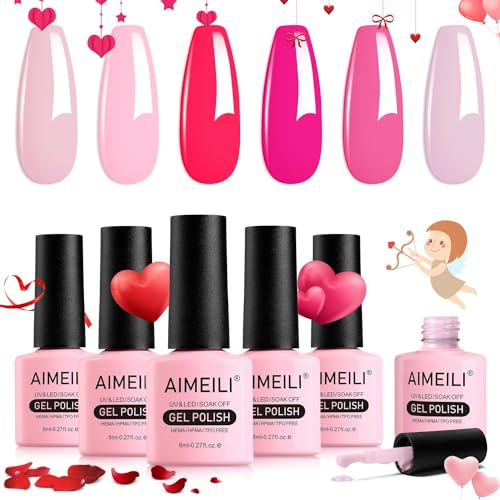 AIMEILI UV Gel Nagellack Set Rosa 6 Farben 8ml UV LED Soak Off Gel Nagellack Rosa Rot Valentines Day Gift Set 6-54