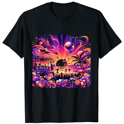 Equipo de fiesta de vacaciones en Ibiza | Vibrante atardecer festivo festivo Camiseta