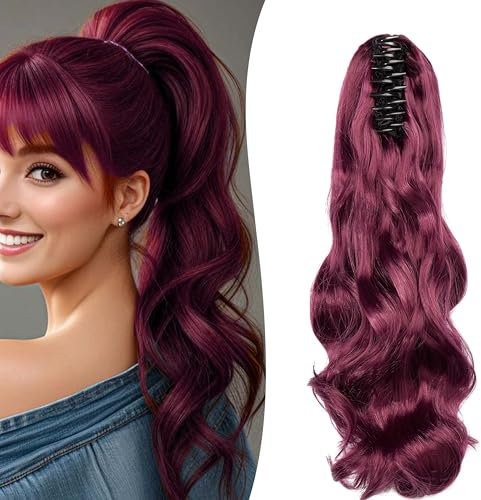 Gairyan 50cm Pferdeschwanz Haarteil Zopf Lang Lockige Claw Clip in Ponytail Extension Synthetik Haare Gewellt Haarverlängerung für Frauen (Weinrot)
