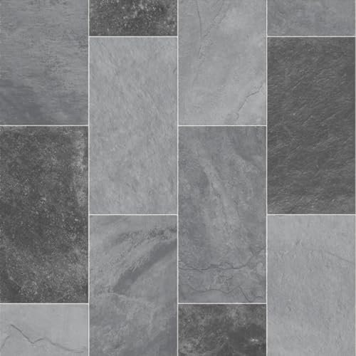 VINYL FLOORING UK Grey Anti-Slip Stone Effect Vinyl Flooring forLivingRoom, Hallways, Kitchen, 2.3mm Thick Cushion Backed Vinyl Sheet, Waterproof Lino Flooring-1m(3'3) X 2m(6'6)-2m²