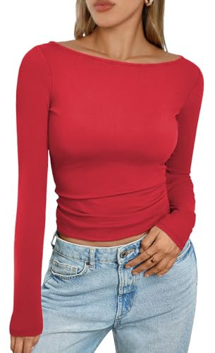 Trendy Queen Women's Boat Neck Tops Long Sleeve Shirts Casual Fitted Tee Shirts Solid Color Fall Basic Clothes 2025, Red, M