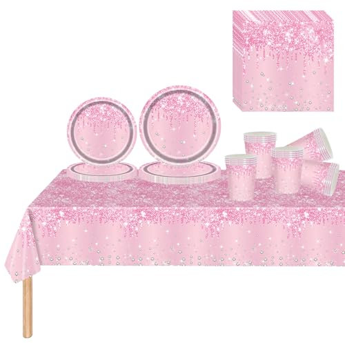 81 Pcs Baby Pink Party Tableware Set for Her,Girls,Women,Pink Paper Plates Cups Napkins Pink Tablecloth,Pink Sparkling Dinnerware Set for Kids Adult Birthday,Wedding,Baby Shower Party Pink Tableware