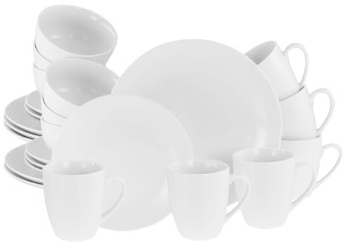 CreaTable, 21928, Serie Luna Weiss, 24-teiliges Geschirrset für 6 Personen, Kombiservice aus Porzellan, spülmaschinen- und mikrowellengeeignet, Qualitätsproduktion