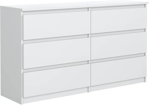 Tesconcept Kommode mit 6 Schubladen 140cm Weiß Matt, Sideboard Schrank, Mehrzweckschrank Regal Wohnzimmer Schlafzimmer Möbel | 140x77x33cm | Spanplatte Plattenstärke 16mm