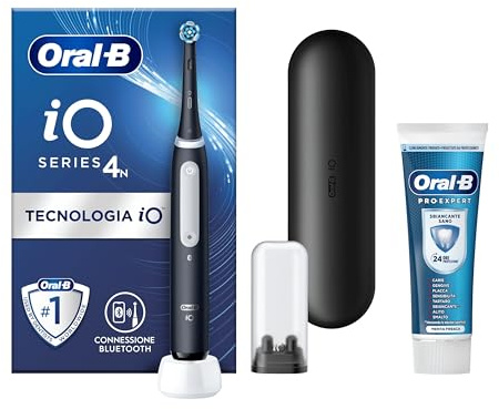 Oral-B Spazzolino Elettrico Ricaricabile iO 4 Nero, 1 Testina Di Ricambio, 1 Custodia Da Viaggio +Dentifricio Pro-Expert Sbiancante Sano 75ml. 1 Spazzolino