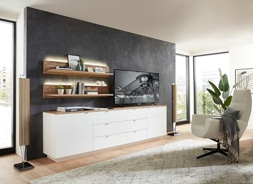 möbelando Wohnwand >Core< (3-teilig) in weiß supermatt/Artisan Dekor - 240x77x44 (BxHxT)