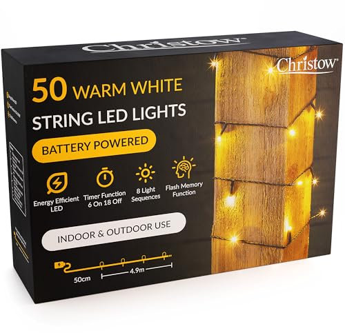 CHRISTOW Christmas Fairy Lights Battery Operated, Warm White LED String Lighting with Timer, Indoor & Outdoor, 8 Light Modes Flashing & Static, Green Cable (50 LED / 5m Lit Length)