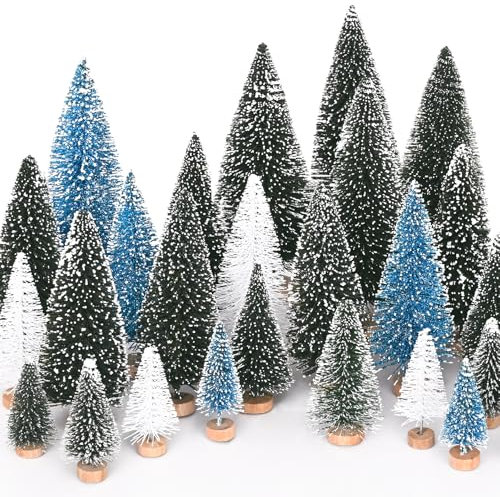 Waipfaru Christmas Decorations, Blue Bottle Brush Christmas Trees, 21 Pcs White Mini Christmas Trees, Miniature Pine Trees for Xmas Tabletop Crafts Indoor Table Home Decor (Blue & White)