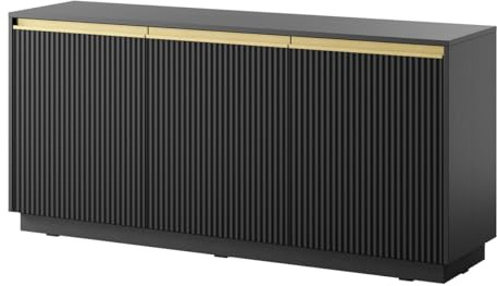 Emporius Sideboard 150 cm Baron - Modern, Kommode mit 3 Türen - Kommode mit Gold Accessoires und geriffelten Fronten - Schwarz