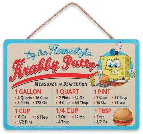 SpongeBob SquarePants Krabby Patty Kitchen Hanging Wood Measuring Sign - Fun SpongeBob Kitchen Conversion Chart for Home