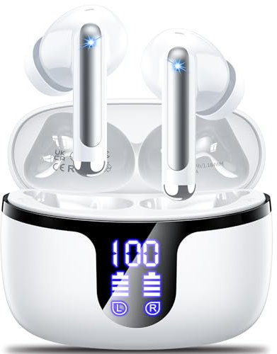 Auriculares Inalámbricos Bluetooth,2024 Cascos Inalámbricos Bluetooth 5.3 HiFi Estéreo con 4 HD Mics, 50H Auriculares Bluetooth con ENC Cancelacion de Ruido,Pantalla LED, IP7 Impermeable USB-C Blanco