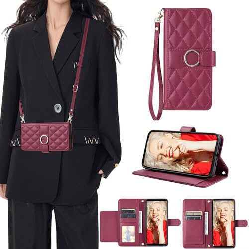 SEHEYA Handys Kette Handyhülle kompatibel mit Samsung Galaxy A16 5G Hülle mit Band Klapphülle Kordel Handytasche zum Umhängen Etui 2 in 1 Handy Cover Karten Börse, Weinrot