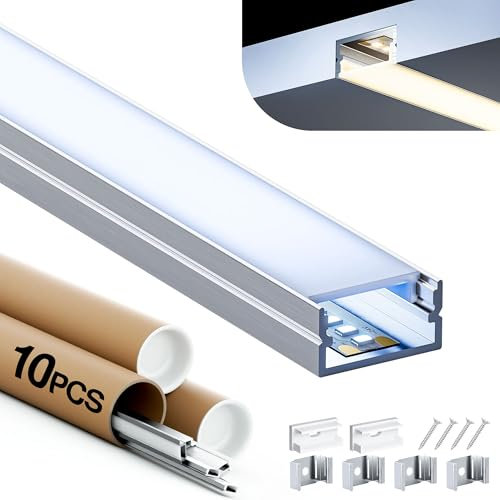 Shine Plus LED Profil, LED Schiene, 10 x Profil 2m, U-förmiger Kanal, Mattabdeckung, maximale Größe 12 mm, Abmessungen 17,4 × 7 mm