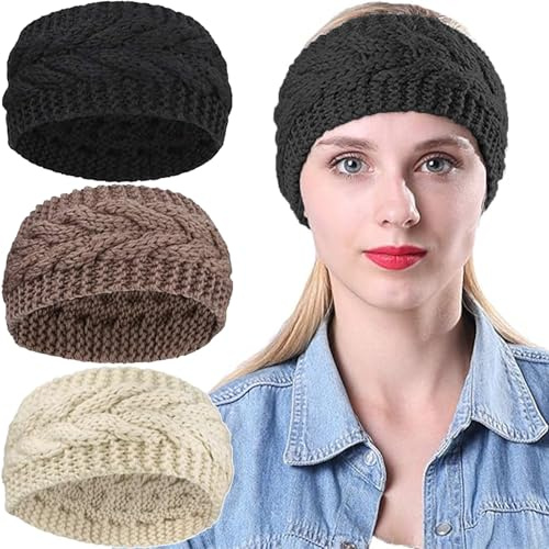 3Pcs Winter Knit Headbands for Women, Knitted Headband Thermal Knit Headbands Elastic Twist Chunky Turban Hairdbands Crochet Head Wraps Winter Ear Warmer Shopping Skiing Running