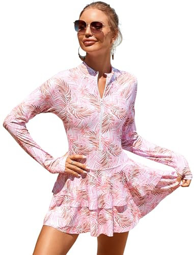 FYMNSI Rash Guard Swimsuit for Women Swimming Costume UPF 50+ Long Sleeve Zipper Swim Dress with Shorts Tummy Control One Piece Skirted Swimwear Sports Surf Bathing Suit Beachwear Pink L