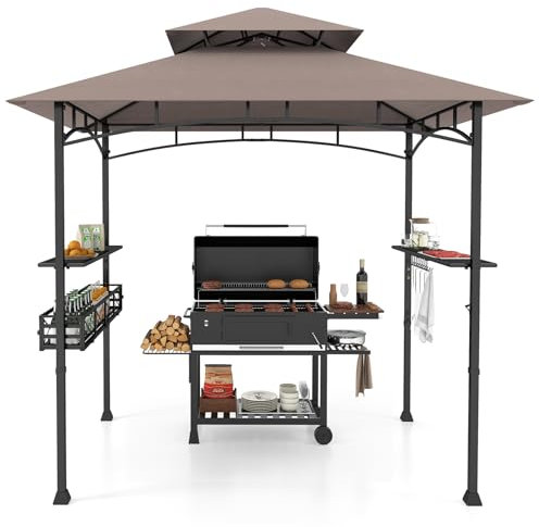 COSTWAY 2.5M (8ft) Grill Gazebo, Fire Resistant Waterproof Outdoor BBQ Shelter with 2 Side Shelves, Hooks and Bottle Opener, Double Tiered Grill Canopy for Patio Garden (Brown, with Storage Basket)