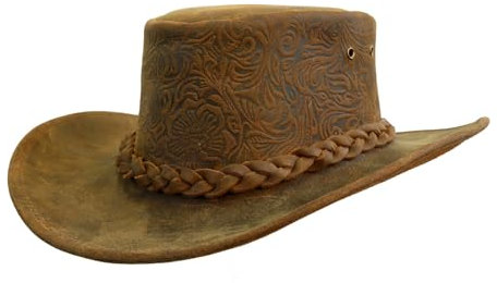 Outbacker Australischer Lederhut aus geprägtem Vintage Leder und formbarer Krempe in XL und XXL Farbe Tobacco, Größe XL I 60-61 cm