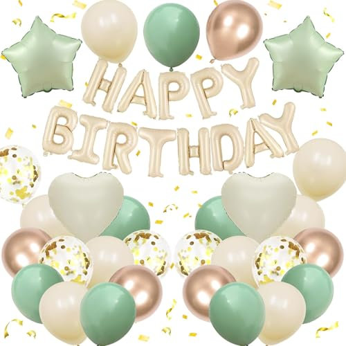 DazzJoy Happy Birthday Ballon Grün Creme Set, Geburtstagsdeko Grün Creme Ballons, Helium Luftballons Geburtstag Deko, Happy Birthday Folienballon für Kindergeburtstag Deko Mädchen Junge, Babyparty