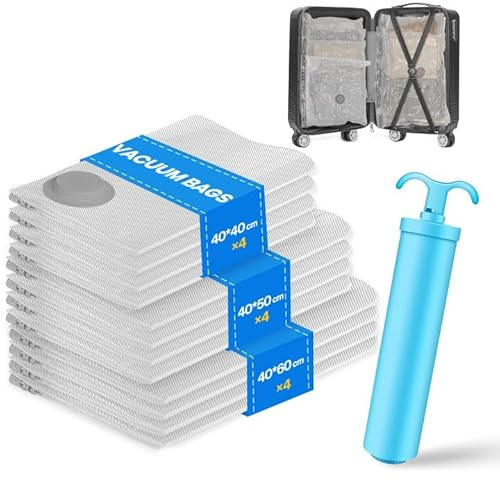 Vacbird Vakuumbeutel für Kleidung Reise mit Handpumpe, Set mit 12 Vakuum Beutel für die Kleideraufbewahrung & Organisation, platzsparend Vakuumierbeutel Kleidung wie Bodys, Hemden und Reisekleider