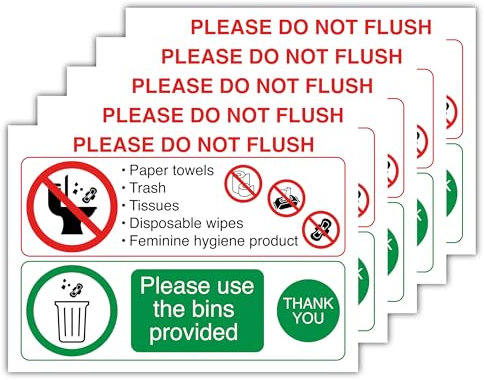 Lot de 5 autocollants en vinyle avec inscription « Please Do Not Flush Toilet » (148 mm x 210 mm)
